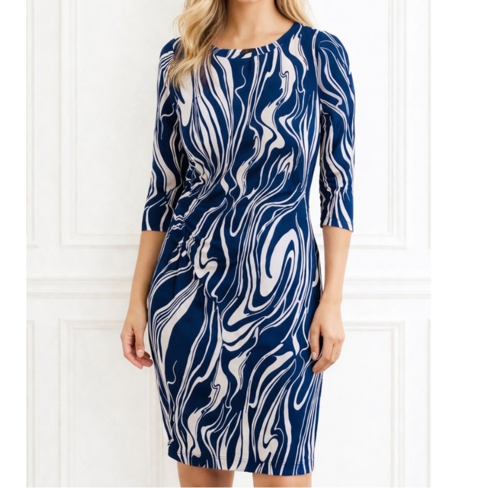 J. McLaughlin Sage dress SMALL navy white print ruched office work Catalina